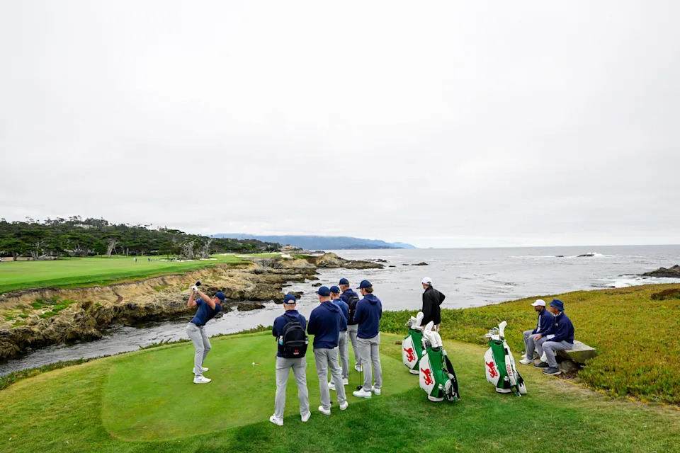 Tyler Weaver (GB&I) plays his tee shot on the 17th hole during a practice round of the 2025 Walker Cup at Cypress Point Club in Pebble Beach, Calif. on Thursday, Sept. 4, 2025.