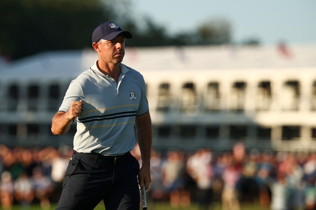 Rory McIlroy of Team Europe reacts after making a birdie on the 16th hole during the Friday afternoon four-ball matches of the 2025 Ryder Cup at Black Course at Bethpage State Park Golf Course on September 26, 2025 in Farmingdale, New York.