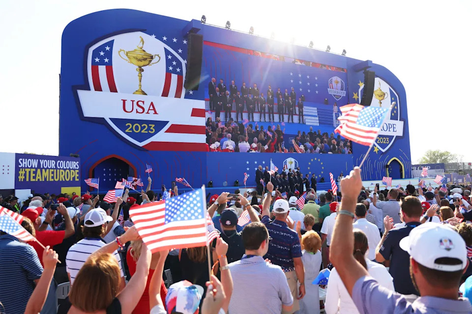 ROME, ITALY - SEPTEMBER 28: Fans wave flags in support of Team United States during the opening ceremony for the 2023 Ryder Cup at Marco Simone Golf Club on September 28, 2023 in Rome, Italy. (Photo by Patrick Smith/Getty Images)Patrick Smith&sol;Getty Images