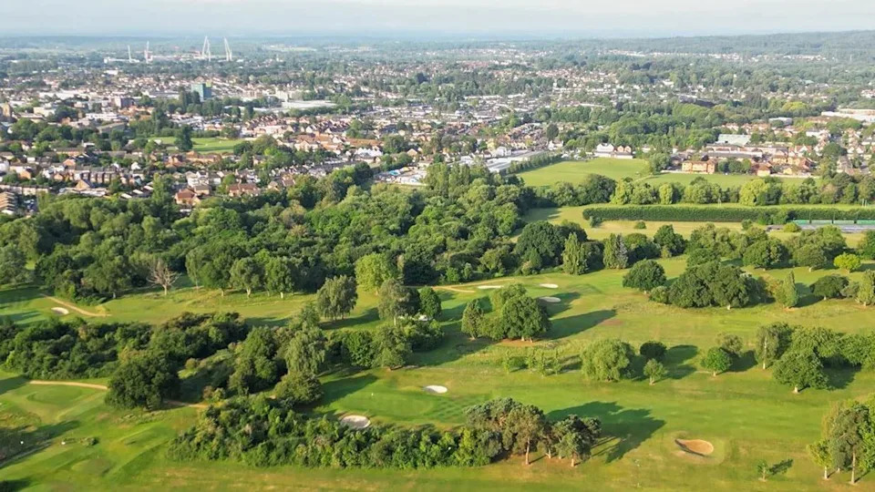 An aerial view of Oxford Golf Club, looking out towards South Oxford and Cowley.
