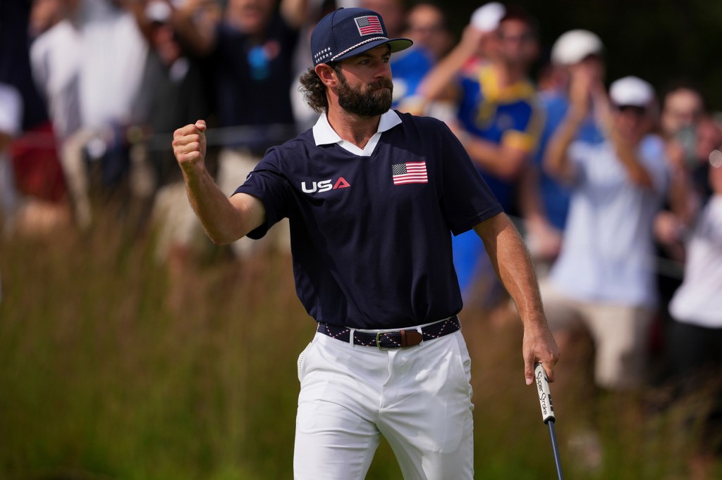 Team USA's Cameron Young celebrates after a putt on the seventh hole during the Ryder Cup at Bethpage Black on Saturday, Sept. 27, 2025, in Farmingdale, N.Y.