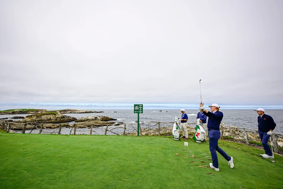 Luke Poulter (GB&I) plays his tee shot on the 15th hole during a practice round ahead of the 2025 Walker Cup at Cypress Point Club in Pebble Beach, Calif. on Friday, Sept. 5, 2025.