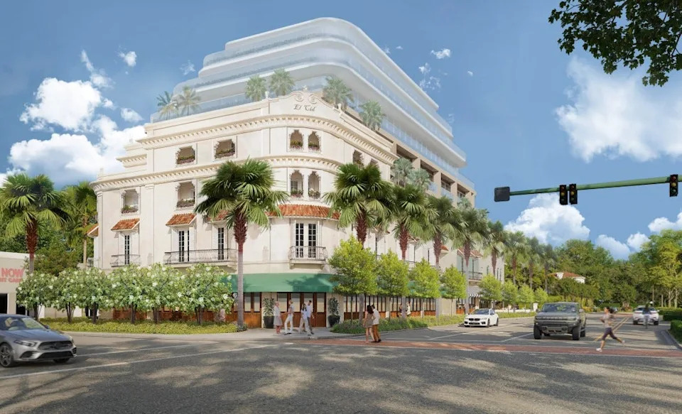 Rendering of proposed mixed-use development for 319 Belvedere Road in West Palm Beach. The image is a depiction of looking west from Belvedere Road and Dixie Highway. The lot currently houses a nearly 90-year-old plaza that includes the popular Kitchen restaurant.