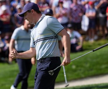 Europe's Matthew Fitzpatrick celebrates after closing out a foursomes win on the 15th hole at Bethpage Black in the opening session of the Ryder Cup.