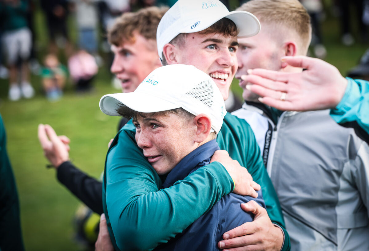 Jack Murphy and Justin Dennehy of Douglas Golf Club celebrate winning. Pic: ©INPHO/Tom Maher
