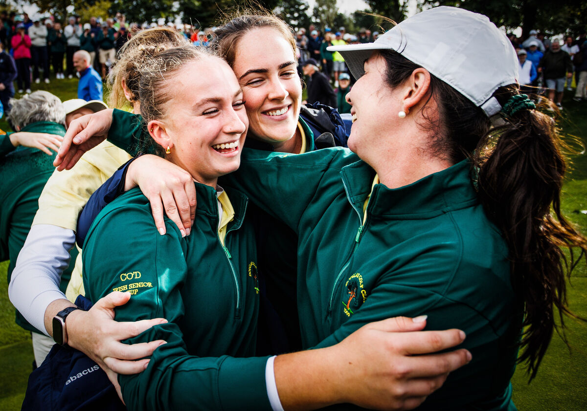 Claudia O’Donoghue, Jemma Barry and Shannon Burke of Douglas Golf Club celebrate winning. Pic: ©INPHO/Tom Maher