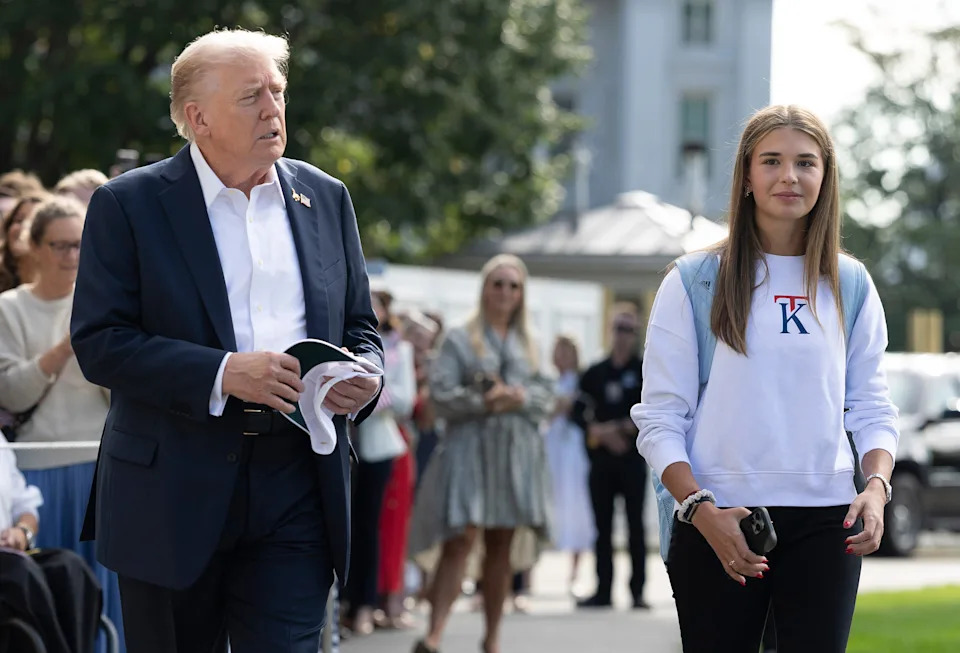 U.S. President Donald Trump, joined by his granddaughter Kai Trump, departs the White HouseÂ on September 26, 2025 in Washington, DC.