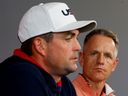 United States Ryder Cup captain Keegan Bradley, left, defended US played receiving money for competing in the Ryder Cup while the Europe team captained by Luke Donald, right, does not.