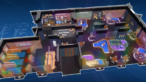 Darlington Borough Council A CGI plan of the entertainment space. A room to the left has three dart boards and two shuffleboards. There is a reception area and to the right a nine-hole mini golf course.