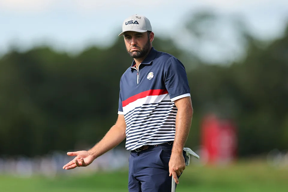 FARMINGDALE, NEW YORK - SEPTEMBER 26: Scottie Scheffler of Team United States reacts to a putt on the 11th hole during the Friday afternoon four-ball matches of the 2025 Ryder Cup at Black Course at Bethpage State Park Golf Course on September 26, 2025 in Farmingdale, New York. (Photo by Michael Reaves/PGA of America/PGA of America via Getty Images)