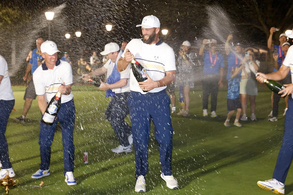 Sep 28, 2025; Bethpage, New York, USA; Team Europe golfer Shane Lowry reacts after defeating Team USA on the final day of competition for the Ryder Cup at Bethpage Black. Mandatory Credit: Peter Casey-Imagn Images