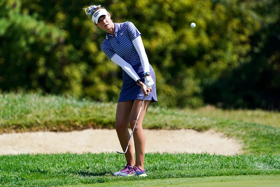 Nelly Korda makes a swing into the green on the seventh hole during the 2025 Kroger Queen City Championships, Thursday, Sept. 11, 2025, at TPC River’s Bend golf course in Maineville, Oh.