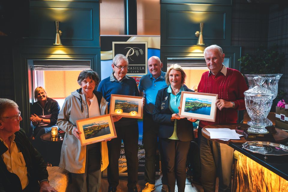 Founding members and key contributors of Parknasilla Golf Club were honoured with framed aerial photos of the course during the 50th-anniversary celebrations. Pictured are Alice O’Sullivan, Mossie Walshe, Captain Fergal Harrington, Lady Captain Mary Gleeson and Sonny Looney.