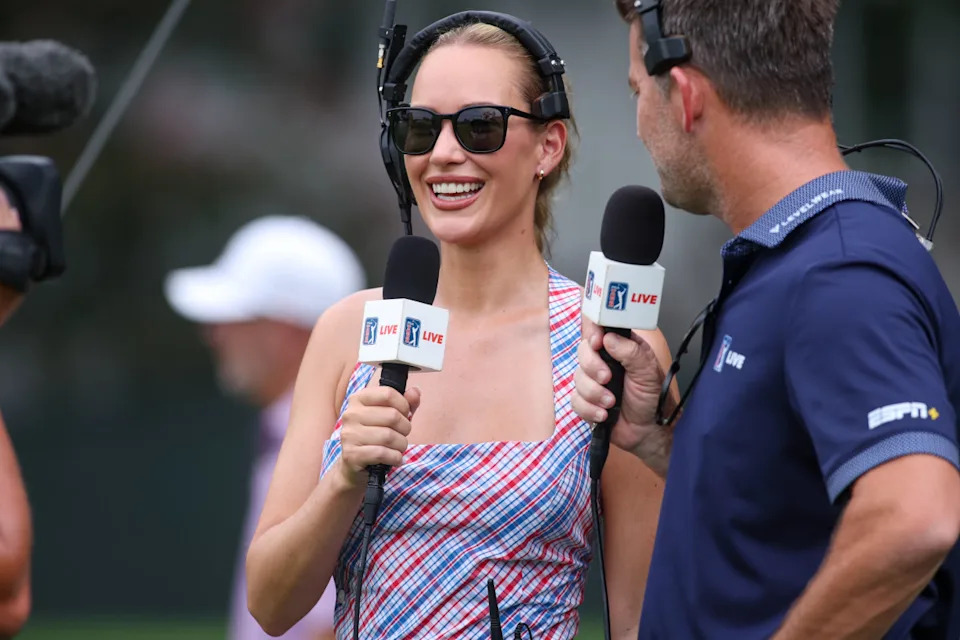 Aug 21, 2025; Atlanta, Georgia, USA; Reporter Paige Spiranac on the first hole during the first round of the TOUR Championship golf tournament. Mandatory Credit: Brett Davis-Imagn Images© Brett Davis-Imagn Images