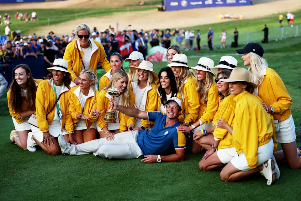 Viktor Hovland of Team Europe poses for a photograph with the Ryder Cup trophy alongside the partners of Team Europe following the Sunday singles matches of the 2023 Ryder Cup at Marco Simone Golf Club on October 01, 2023 in Rome, Italy.