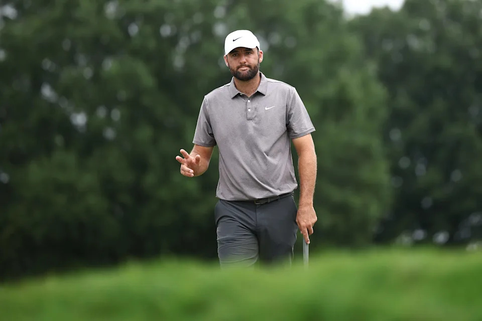 Scottie Scheffler of the United States reacts on the third green during the second round of the TOUR Championship 2025 at East Lake Golf Club on August 22, 2025 in Atlanta, Georgia.