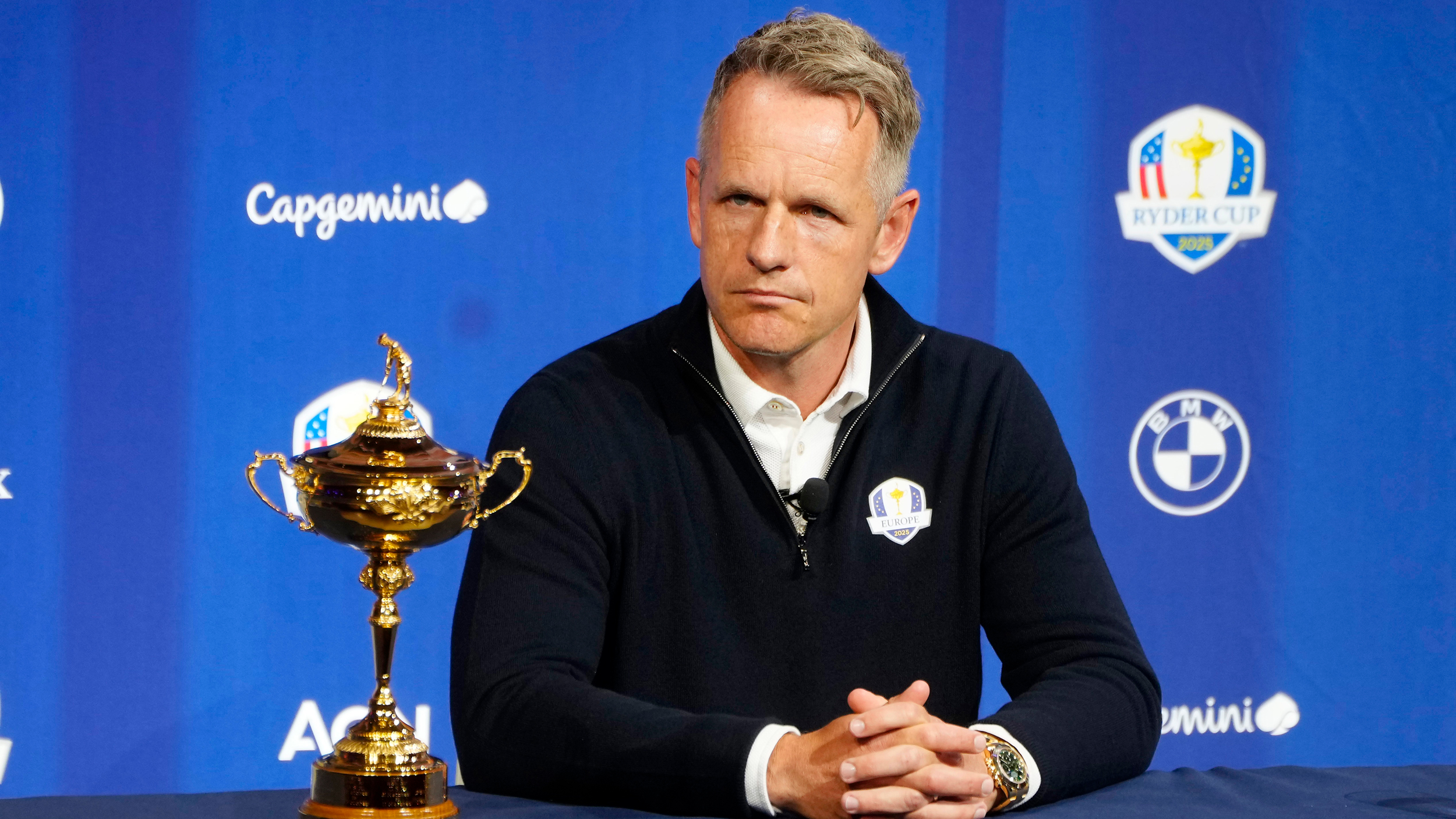 Luke Donald speaks to the media during a Ryder Cup press conference