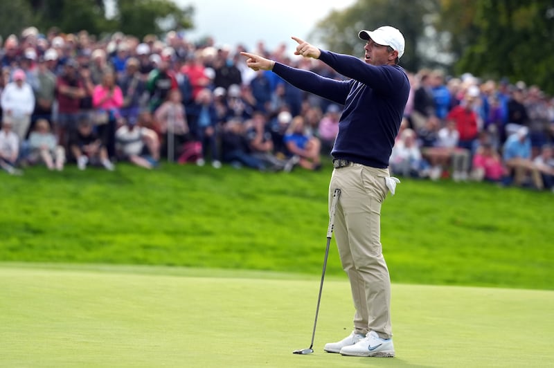 Northern Ireland's Rory McIlroy reacts after a missed birdie attempt on the 12th green. Photograph: Brian Lawless/PA