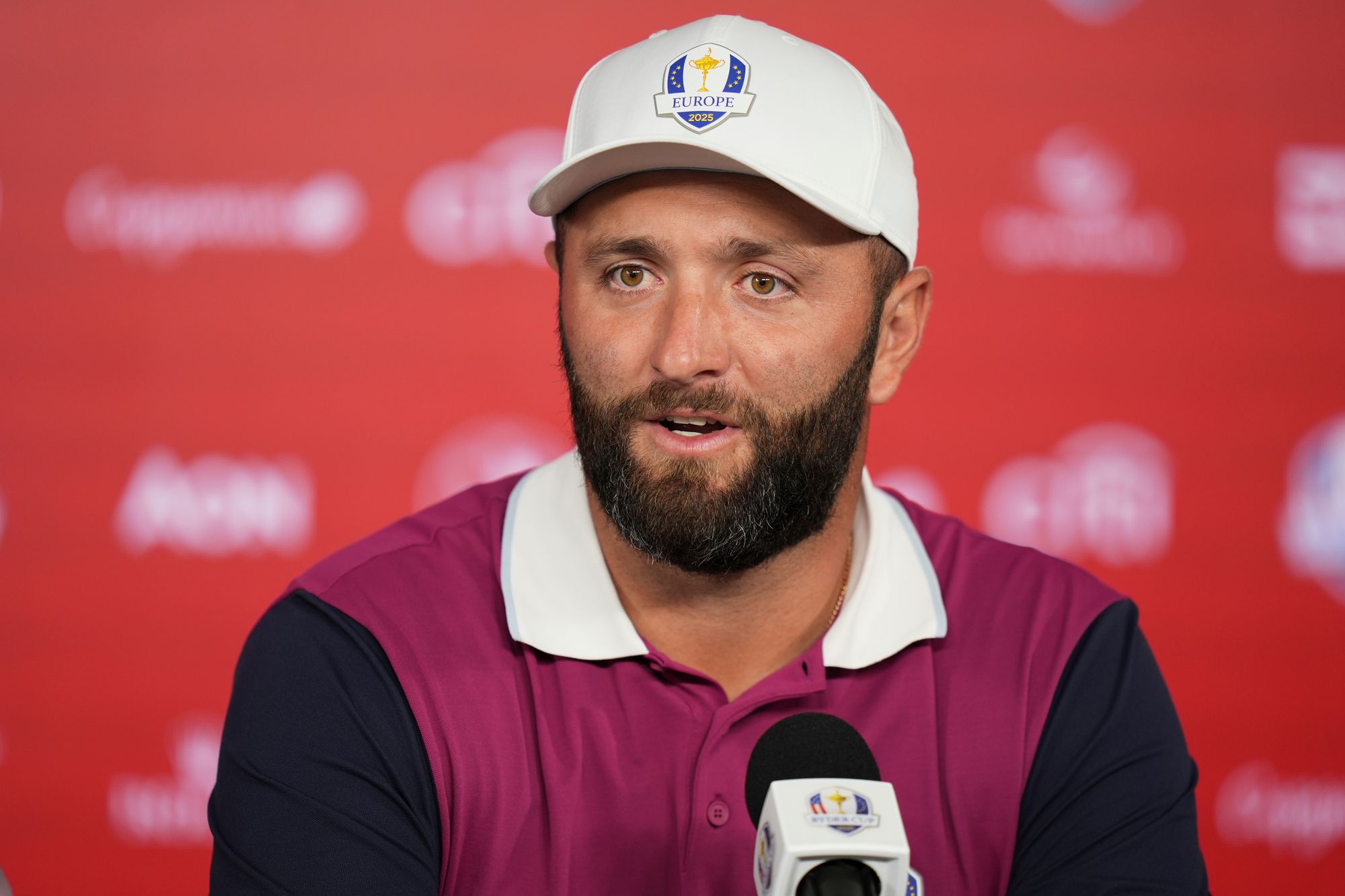 Europe's Jon Rahm speaks during a news conference at the Ryder Cup golf tournament