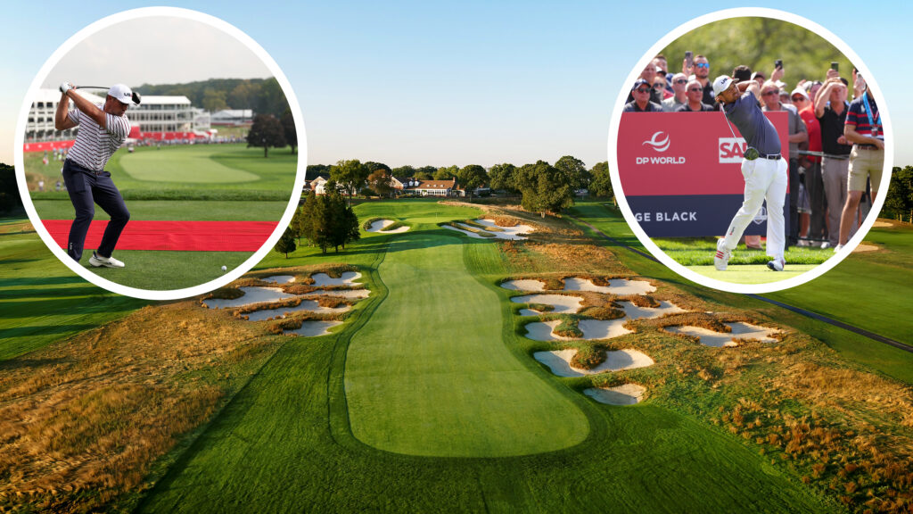 An aerial image of the 18th hole at Bethpage Black, host venue of the Ryder Cup, with inset images of Bryson DeChambeau and Xander Schauffele hitting tee shots in practice rounds