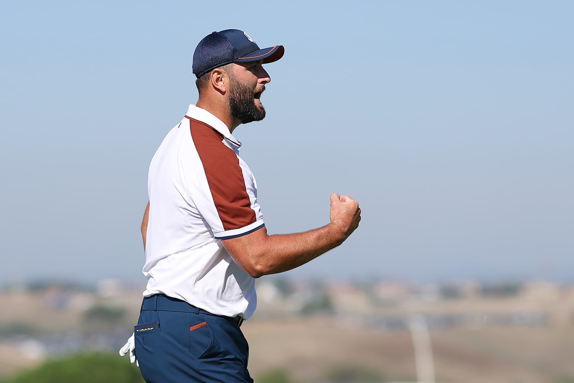 ROME, ITALY - SEPTEMBER 30: Jon Rahm of Team Europe celebrates holing a putt to win the 11th hole during the Saturday morning foursomes matches of the 2023 Ryder Cup at Marco Simone Golf Club on September 30, 2023 in Rome, Italy. (Photo by Richard Heathcote/Getty Images)