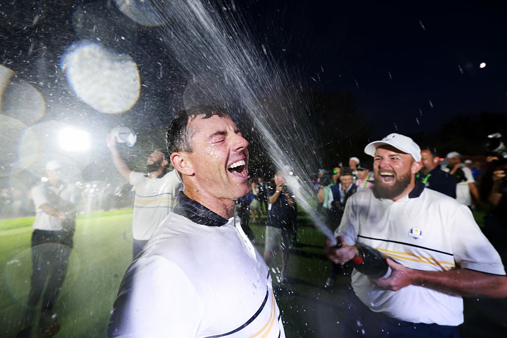 Rory McIlroy is sprayed with champagne following Europe’s Ryder Cup victory in New York