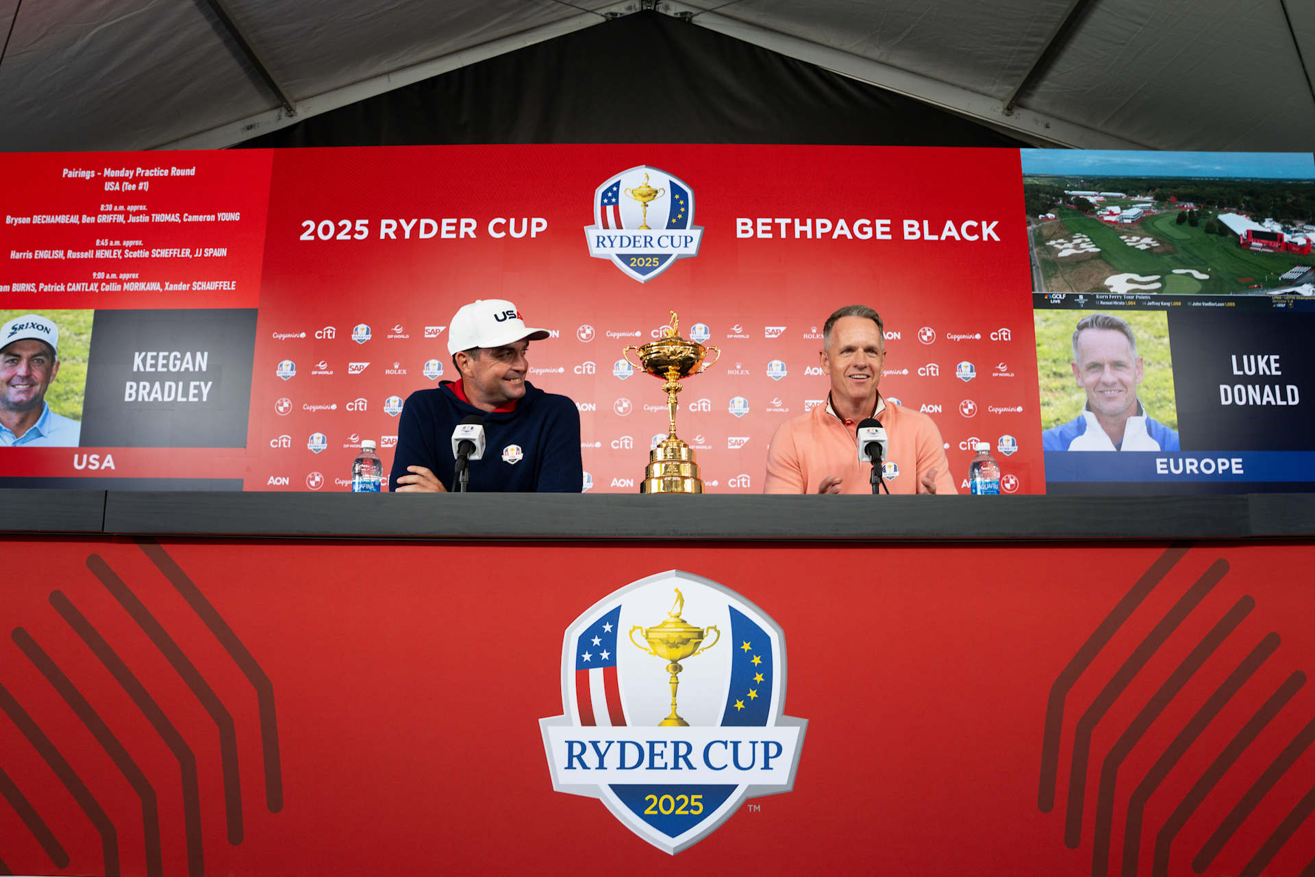 FARMINGDALE, NY - SEPTEMBER 22: Team USA Captain Keegan Bradley and Team Europe Captain Luke Donald sit for a media interview during the 2025 Ryder Cup at Bethpage State Park on Monday, September 22, 2025 in Farmingdale, New York. (Photo by Darren Carroll/PGA of America)