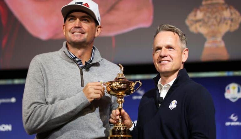 United States captain Keegan Bradley, left, and Europe captain Luke Donald pose for a photo with the Ryder Cup trophy after a press conference in New York, Tuesday, Oct. 8, 2024, in New York. (AP Photo/Heather Khalifa)