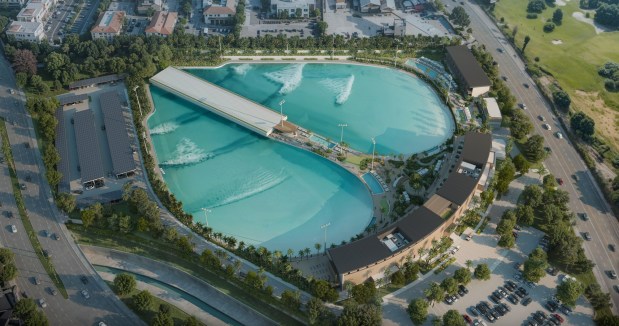 A new wave pool called Snug Harbor using Wavegarden technology is being proposed for Newport Beach, a 5-acre pool expected to open by spring 2028 if approved. (Renderings courtesy of Snug Harbor)