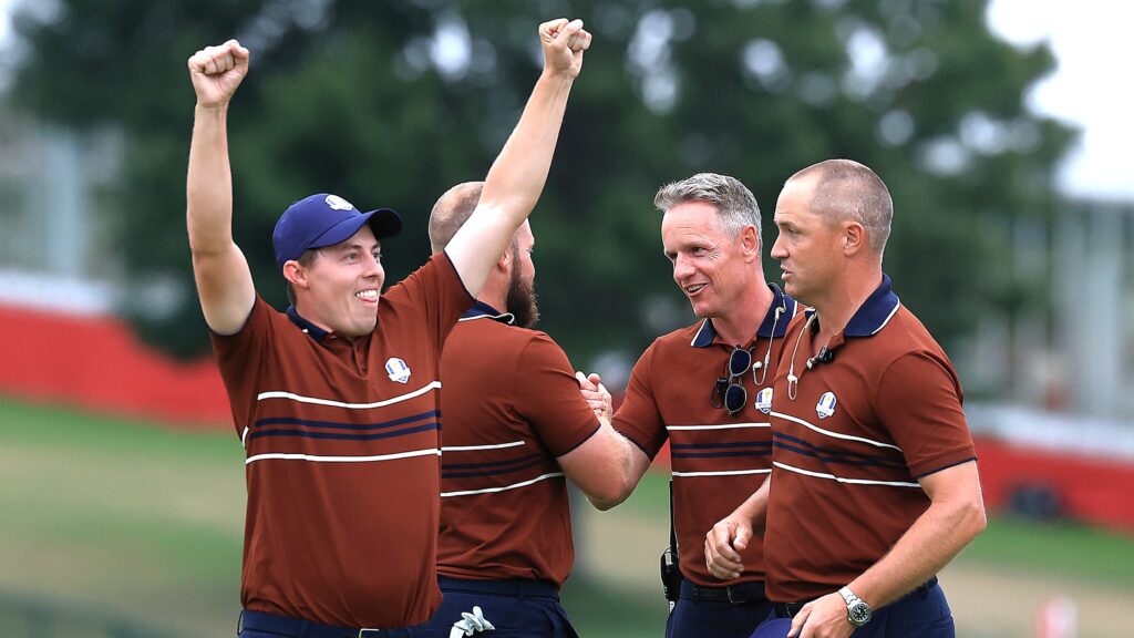 Matt Fitzpatrick &amp; Tyrrell Hatton of Europe celebrate with captain Luke Donald &amp; Vice Captain Alex Noren after their fourball victory on the second day of the 2025 Ryder Cup