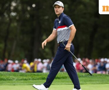 Russell Henley of Team United States reacts during the Friday morning foursomes matches of the 2025 Ryder Cup at Black Course at Bethpage State Park Golf Course