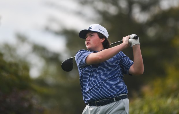 Abington Heights’ Connor O’Malley-Kalinoski tees off on the first hole...