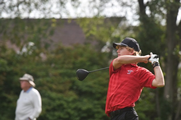 Honesdale’s Reed Howell follows through with his drive at Fox...