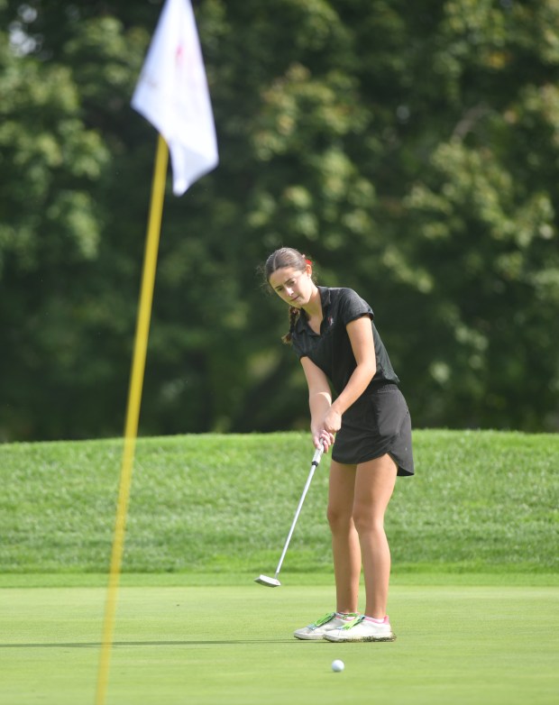 North Pocono’s Lyla Jones putts at Fox Hill Country Club...