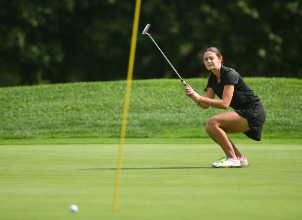 North Pocono’s Lyla Jones putts at Fox Hill Country Club...