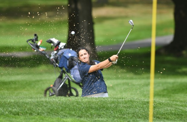 Abington Heights’ Kate Peters hits from the sand at Fox...