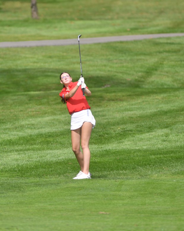 Hazleton Area’s Gia Rainey hits from the fairway at Fox...