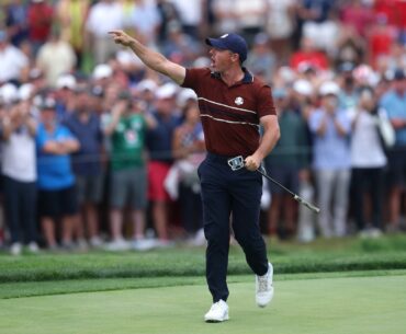 Rory McIlroy of Team Europe yells to the crowd as he walks off the 17th hole green during the Saturday afternoon four-balls matches of the 2025 Ryder Cup.