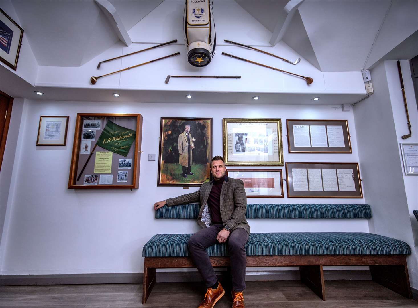 Stratford Golf Club manager Craig Brown with the display at the entrance to the club with artifacts commemorating Samuel Ryder as well as a 2016 Ryder Cup golf bag donated by Warwickshire’s Andy Sullivan who played for the European team.Photo: Mark Williamson