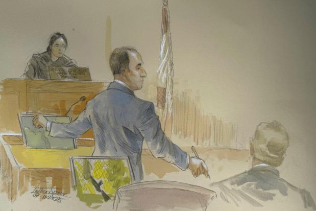 This courtroom sketch shows lead government prosecutor John Shipley speaking...