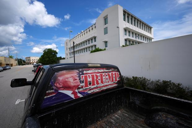 A pickup truck decorated in support of President Donald Trump...