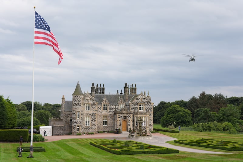 US president Donald Trump and British prime minister Keir Starmer arrive at Balmedie on the Marine One helicopter. Photograph: Andrew Harnik/Getty Images