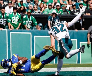 Did Los Angeles Rams wide receiver Davante Adams push off on Eagles safety Reed Blankenship before catching this touchdown pass?