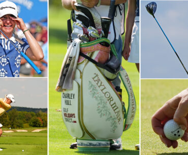 A close up of Charley Hull's golf bag, with numerous phots around it