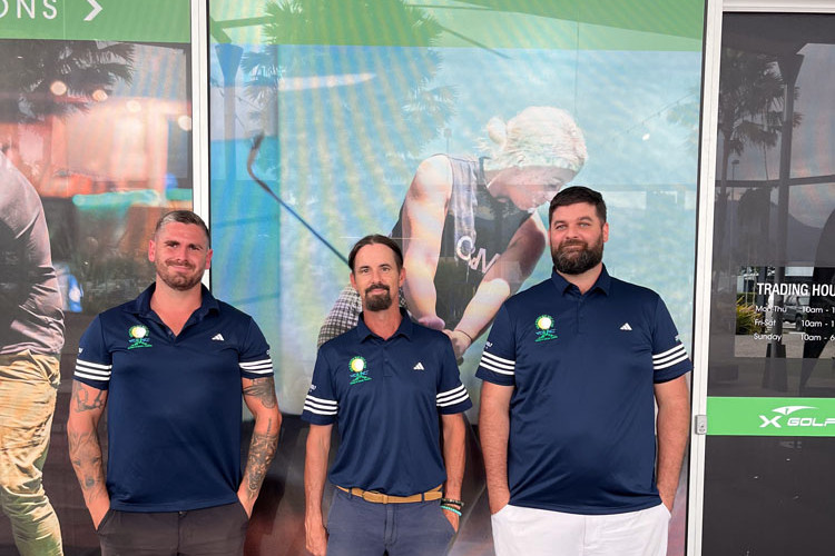 Three Cairns golfers Angus Burnett (left), Oliver Duncan and Matt Velick competed in the X-Golf League champs. Pictures: Supplied