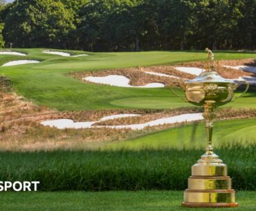 The Ryder Cup trophy on a tee at Bethpage Black