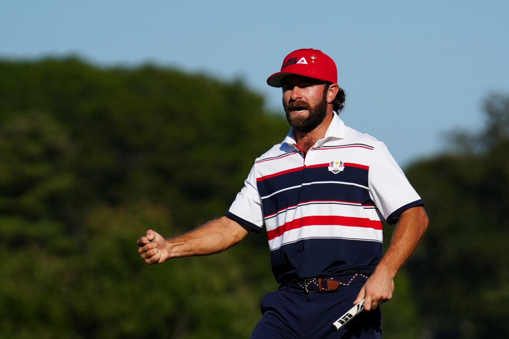 Cameron Young of Team USA celebrates after making a putt during the Ryder Cup 2025.