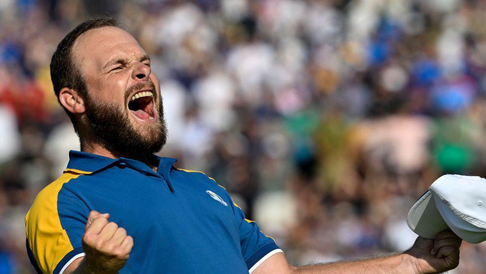 Tyrell Hatton celebrating at the 2023 Ryder Cup