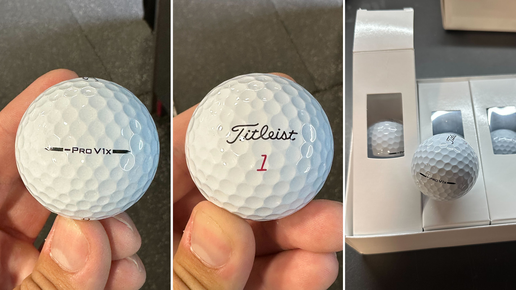 A close-up of the Titleist Pro V1x Left Dash golf ball