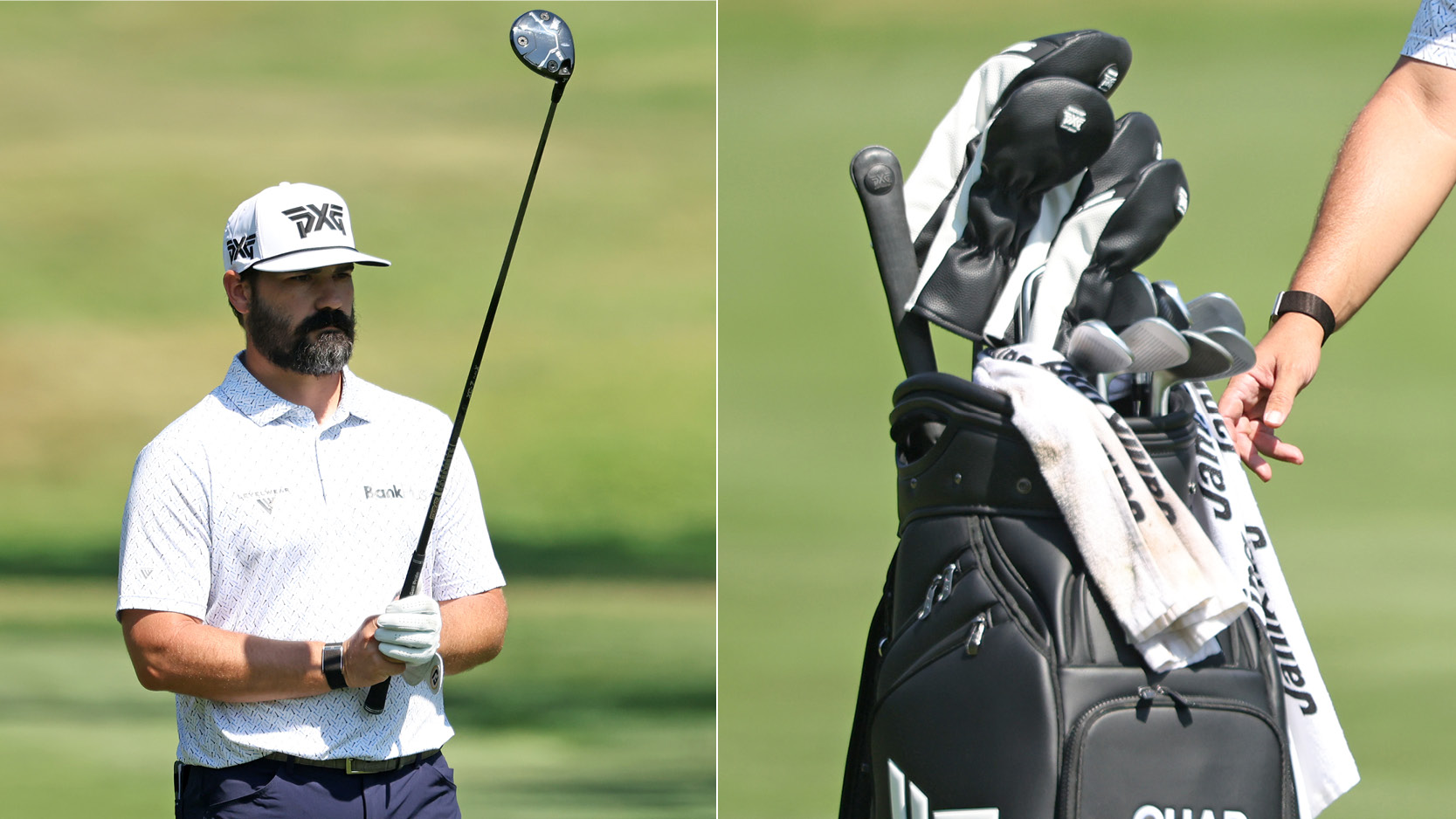 Chad Ramey lines up a shot, with a close up of his golf bag
